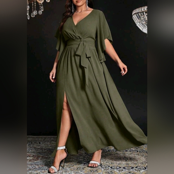 New Flowy Wrap Top Banded Belt Tie Waist Split Maxi Dress PLUS Olive Green - Picture 4 of 9